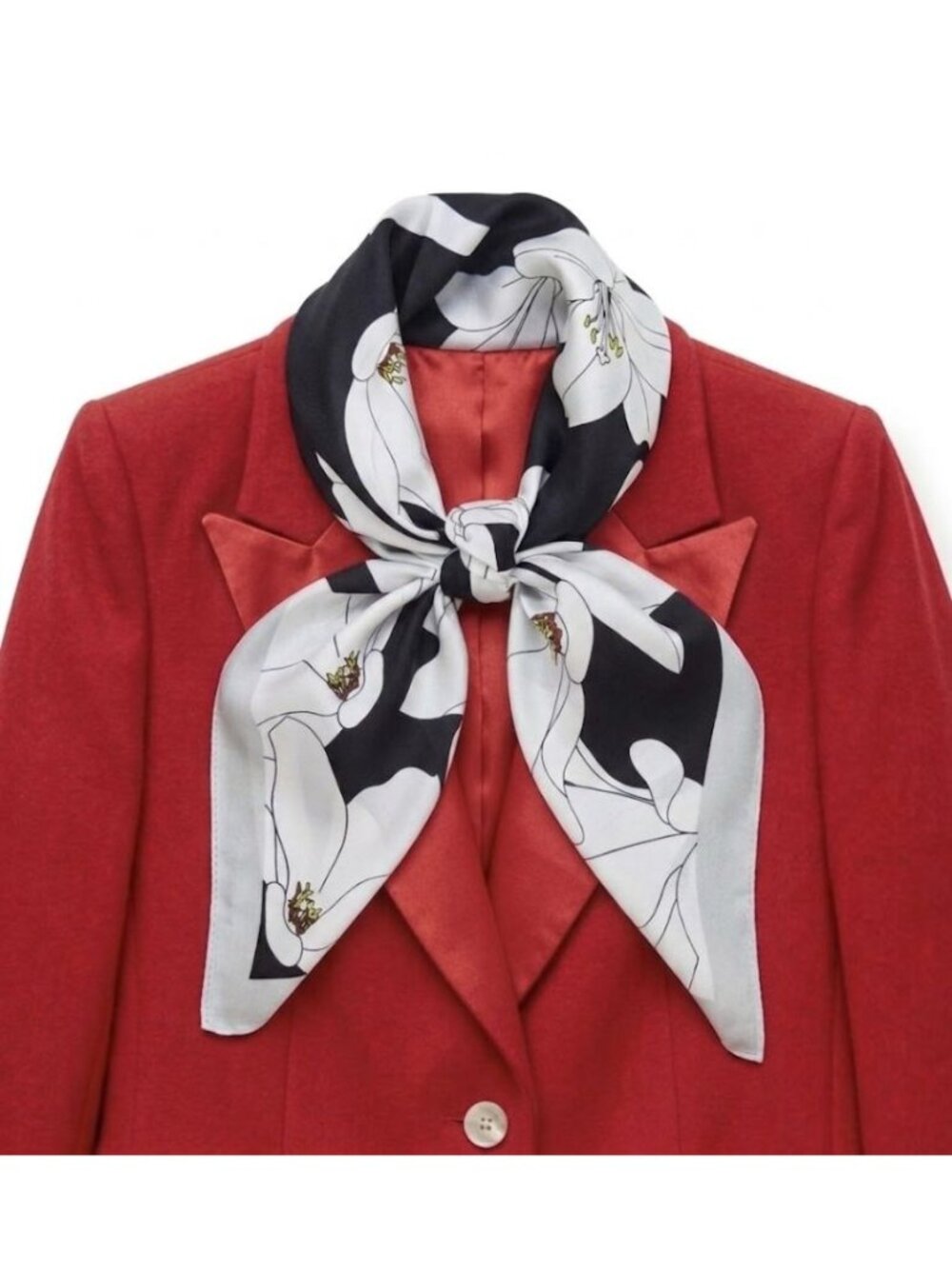 Luxurious Chic Silky Square Scarf Soft Black White Magnolia Floral Print Bandana